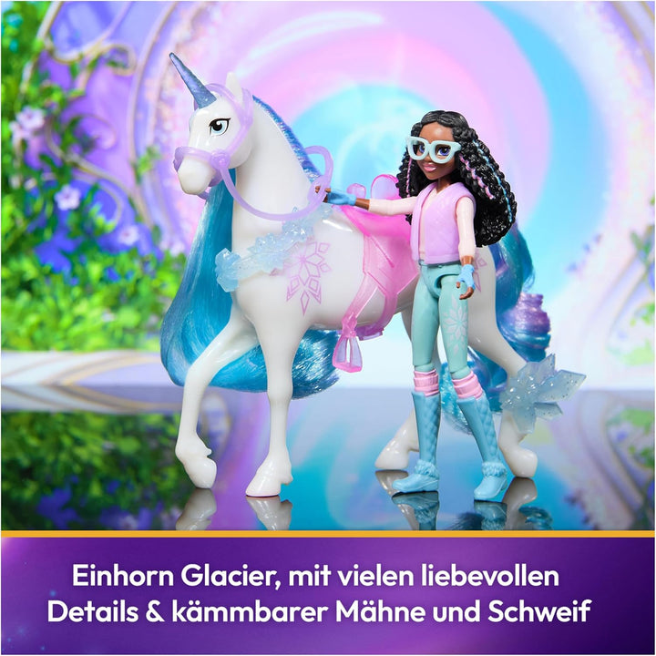 Unicorn Academy Set - Layla und Einhorn Glacier mit echter Mähne und Schweif sowie Bürste, ca. 12 cm