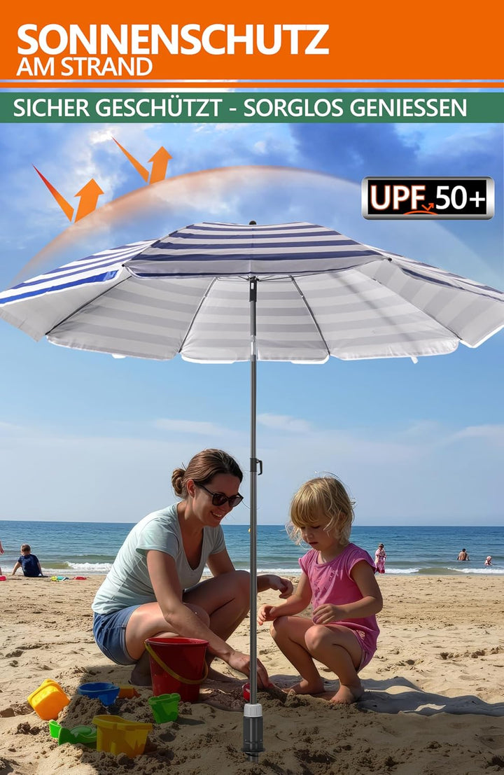 4smile Sonnenschirm Strand Ø 180 cm, 3-in-1 SET mit Bodenhülse, Blau-Weiss | UPF 50+ Strandschirm +