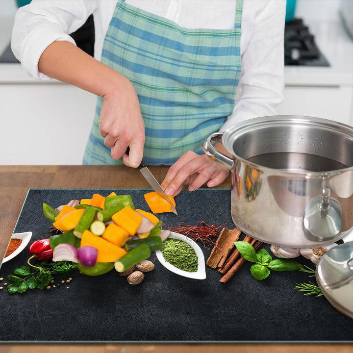 SmartDecoration Herdabdeckplatte Ceranfeldabdeckung aus Glas 80x52 cm Einteilig Motiv "Kräuter" Grau