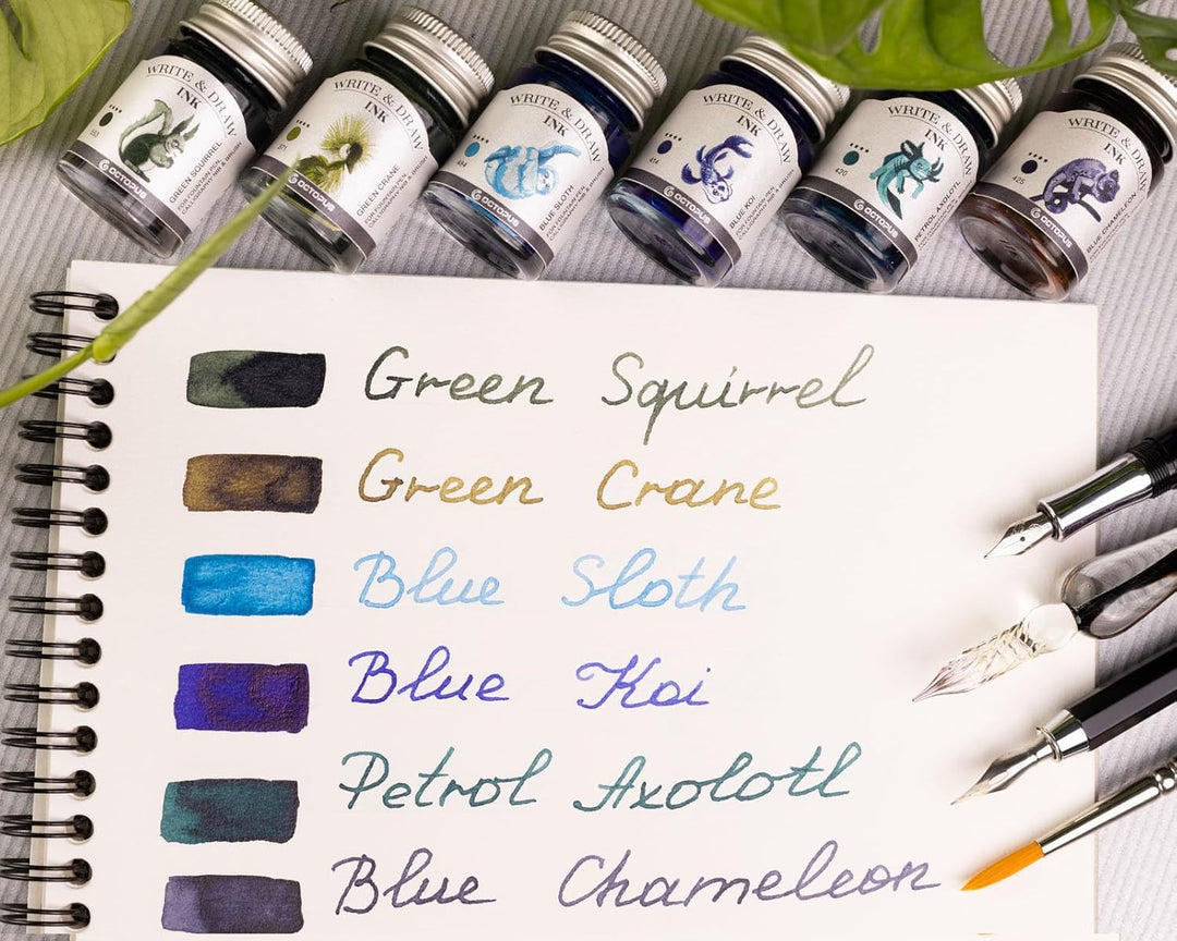Write and Draw Ink Set RIVER, Schreib- und Zeichentusche, 6 x 10 ml mit Schreibfeder RIVER 60 ml, RI