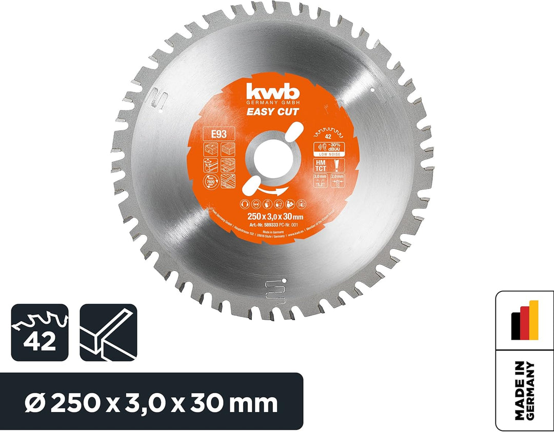 kwb Kreissägeblatt 250 x 30 mm, Made in Germany, Nagelfest, für Holz mit Metallresten, Universal Säg
