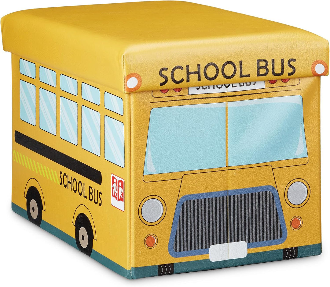 Relaxdays Faltbare Spielzeugkiste Schulbus HBT 32 x 48 x 32 cm stabiler Kinder Sitzhocker als Spielz