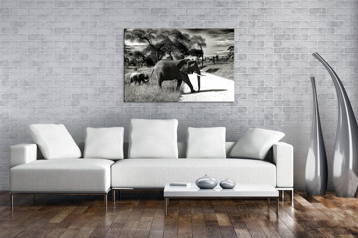 deyoli Elefantenfamilie in der Savanne Format: 80x60 als Leinwand, Motiv fertig gerahmt auf Echtholz