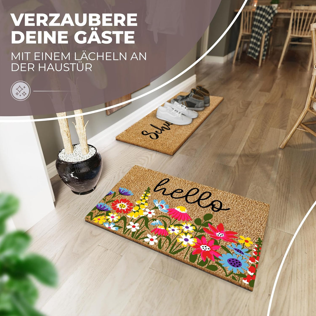 Fussmatte Kokos 60x40cm Blumen I Extra langlebige & rutschfeste Kokosmatte für Innen & Überdachte Au