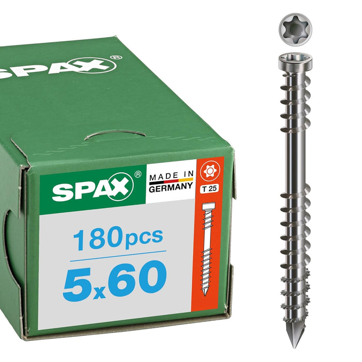 SPAX Terrassenschraube, 5 x 60 mm, 180 Stück, Fixiergewinde, Zylinderkopf, T-STAR plus T25, CUT, Ede