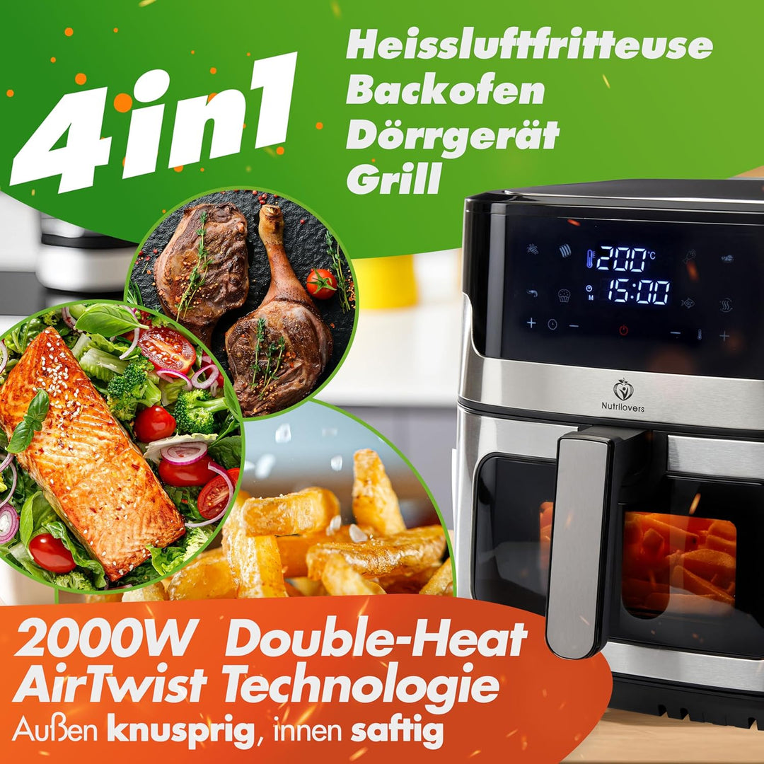 Nutrilovers Heissluftfritteuse NUTRI-FRYER EDELSTAHL XXL 8L, 2000W, Airfryer Edelstahl mit LED Touch