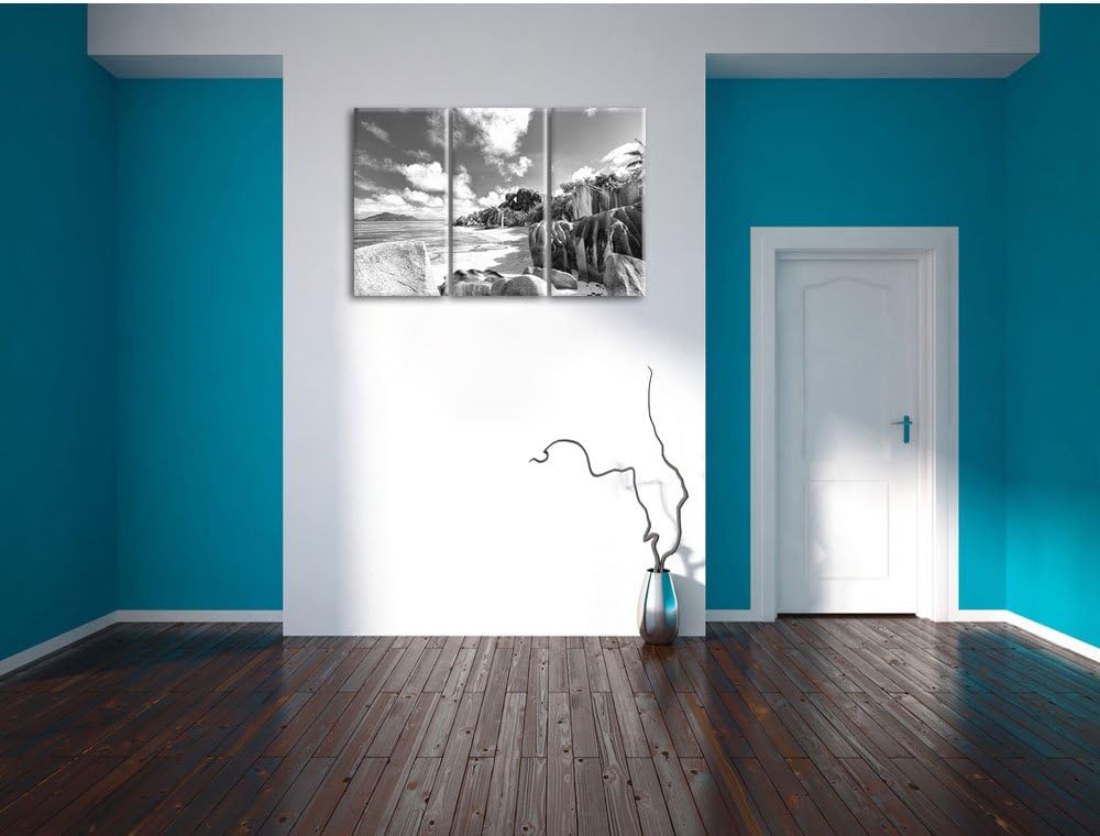 Pixxprint Seychellen Strand Kunst B&W 3-Teiler Leinwandbild 120x80 Bild auf Leinwand, riesige Bilder