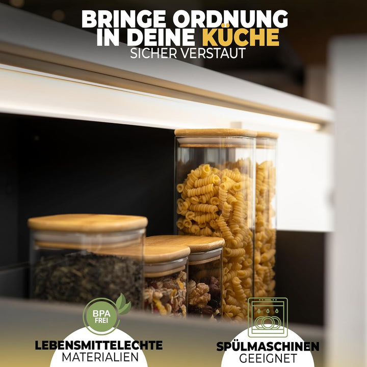 CLIDOR ® Vorratsgläser mit Deckel, Eckig - 6er Set - Extra dickes Glas - Vorratsdosen mit Deckel luf