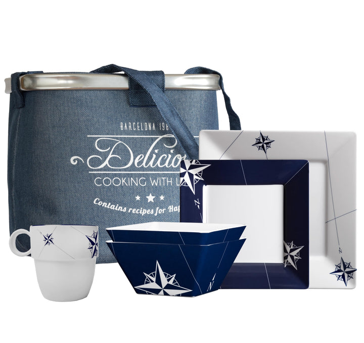 Marine Business Northwind Pack Geschirr mit Korb rechteckig, Melamin, Blau und Weiss, 34.5 x 25.5 x