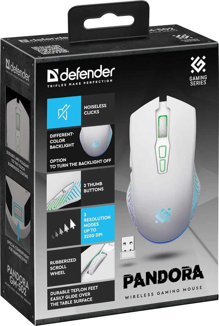 Defender® Pandora Kabellose Gaming Maus - Geräuschlose Klicks - 5 programmierbare Tasten - RGB-Beleu