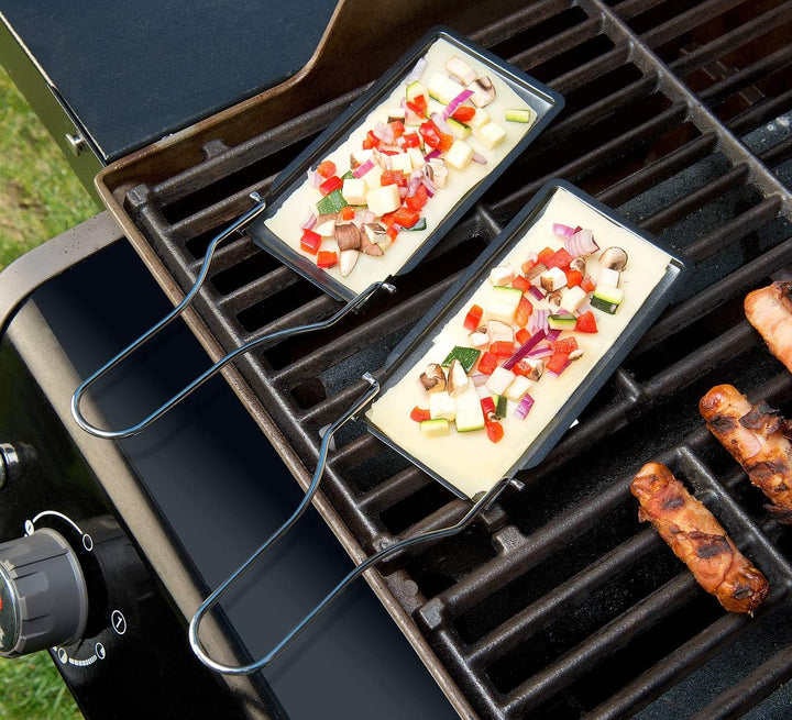 Rosenstein & Söhne Raclette Pfännchen: 6er-Set Grill-Pfännchen mit klappbarem Griff, spülmaschinenfe