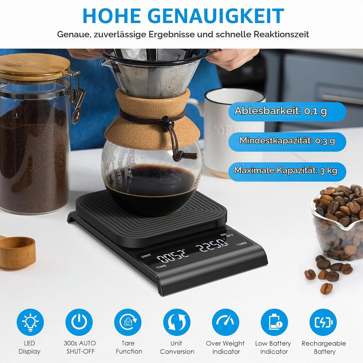 Brifit Kaffeewaage mit Timer, Espresso Waage 3kg/0.1g, Hochpräzise Feinwaage, USB Wiederaufladbare K