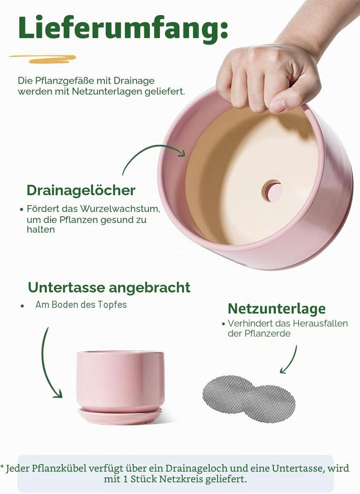 LE TAUCI 3 er Pack Übertöpfe Keramik, 11+13+17 cm Durchmesser Klein Töpfe Set, Blumentopf für Zimmer