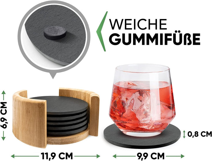Sidorenko Untersetzer Gläser aus Schiefer - Glasuntersetzer rund 6er Set mit Halter - Getränkeunters