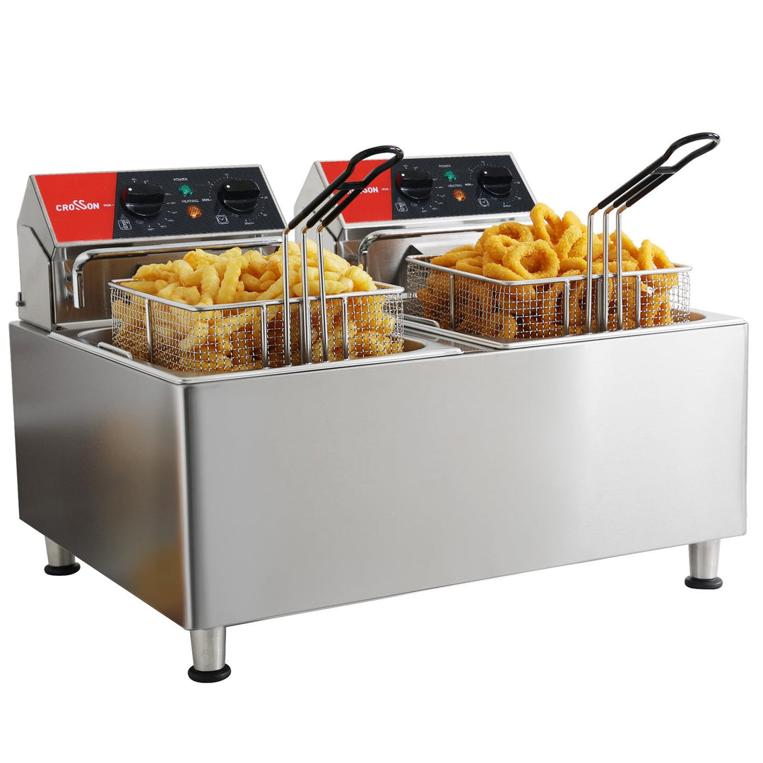 CROSSON 16L Elektrische Fritteuse mit doppeltem Tank und rotierendem Fritteusenkopf, 30-Minuten-Time