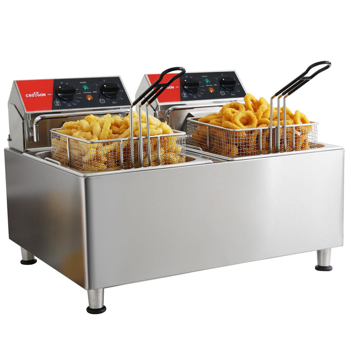 CROSSON 16L Elektrische Fritteuse mit doppeltem Tank und rotierendem Fritteusenkopf, 30-Minuten-Time
