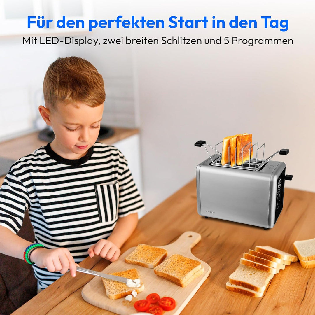 MEDION Toaster 2 Scheiben mit Brötchenaufsatz (7 Bräunungsstufen, 5 Automatikprogramme, 850 Watt, Au