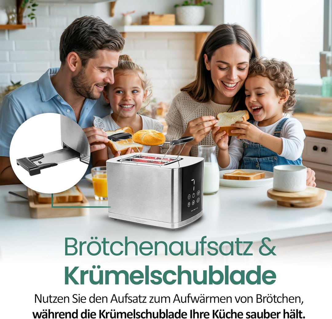 EMERIO Edelstahl Toaster mit grossem Display | 2 Toastschlitze | Zentrierautomatik | Krümelschublade