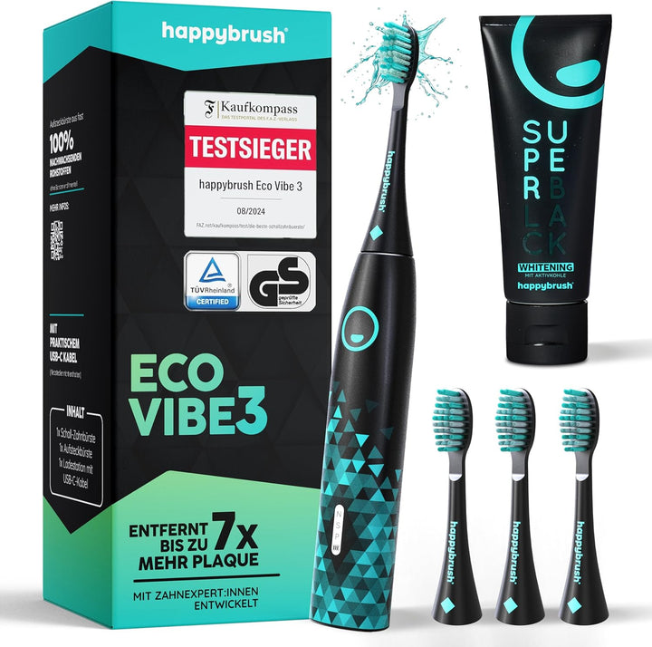 happybrush® Elektrische Schall-Zahnbürste Eco VIBE 3 - Nachhaltige Zahnbürste mit 6 Wochen Power-Akk