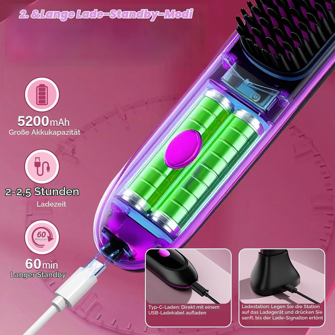 Kabellose Glättbürste, Mini Haarglätter Bürste, Negativ Ionen Glätteisen, Haarglätterbürste mit LED-