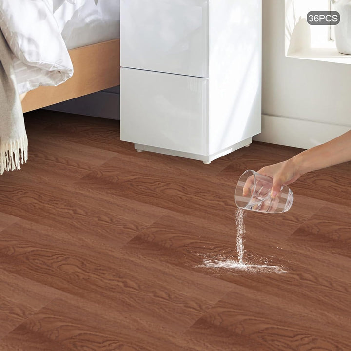 PVC Bodenfliesen selbstklebend 36 Stück Holzkorn Walnussfarbe | Starke Selbstklebung – einfache Reno