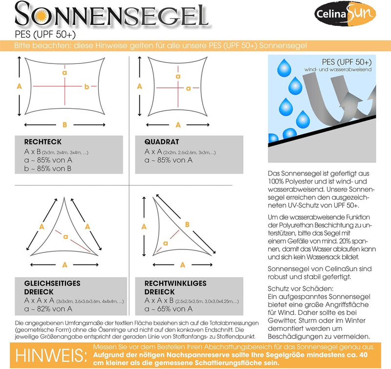 CelinaSun Sonnensegel PES Quadrat 4,6x4,6m Creme weiss UPF 50+ Premium Sonnenschutz inkl Befestigung