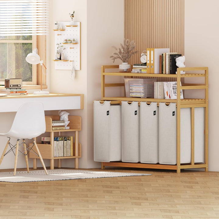 AdelDream Wäschekorb 200L,4 Fächer Wäschesammler,2 Ablagen,Bambus | Wäschesortierer 4 x 50L,ausziehb