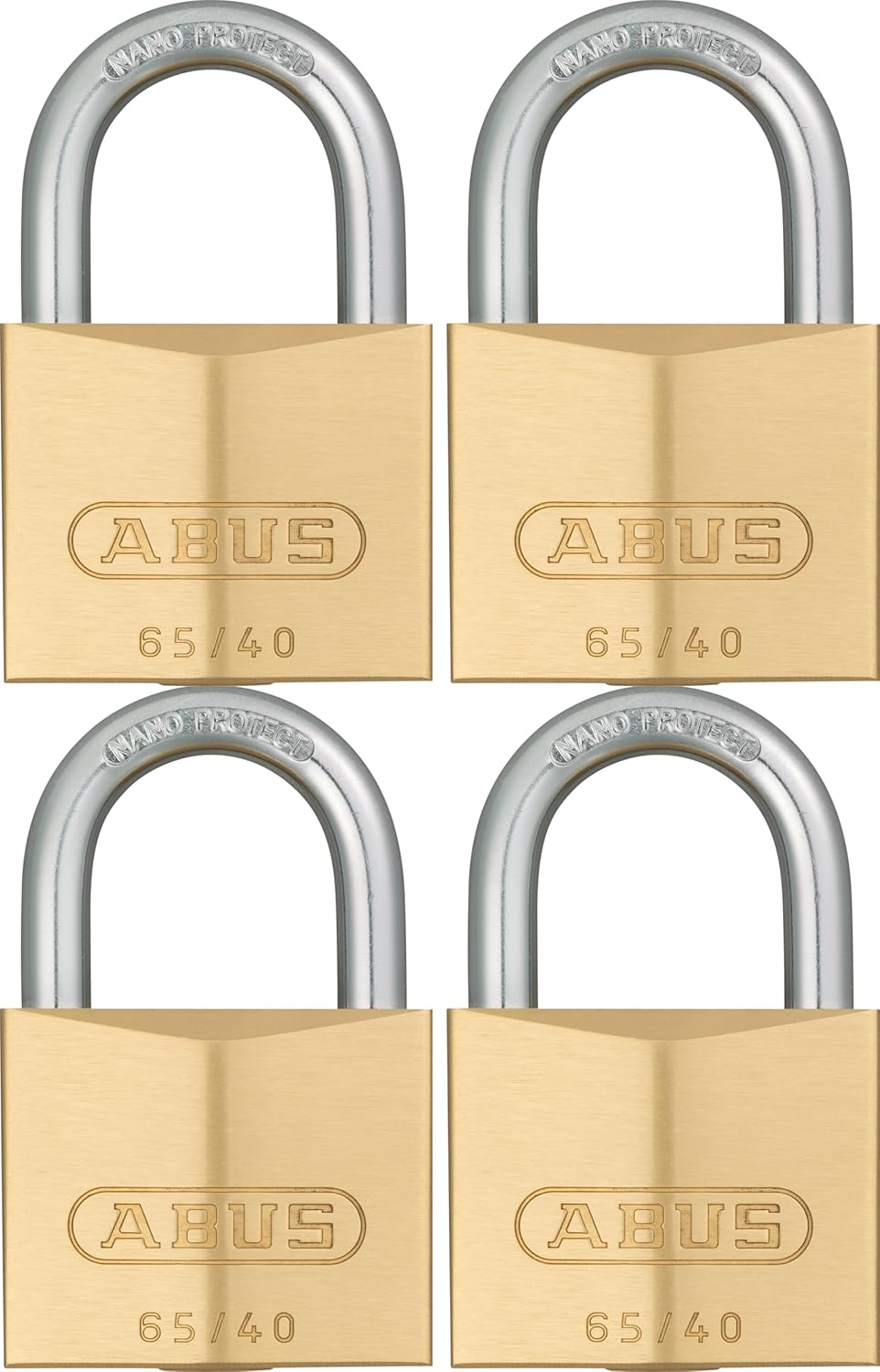 ABUS Vorhängeschloss Messing 65/40 - 4er Set, gleichschliessend - Kellerschloss, Spindschloss u. v.