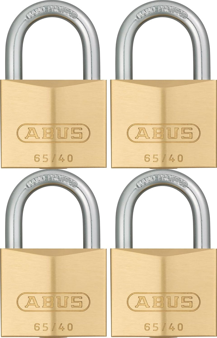 ABUS Vorhängeschloss Messing 65/40 - 4er Set, gleichschliessend - Kellerschloss, Spindschloss u. v.