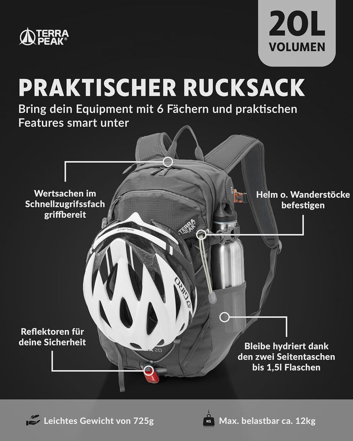 Terra Peak® Premium Wanderrucksack 20L (FLEX 20) klein mit Rückenbelüftung, Regenschutz & Trinksyste
