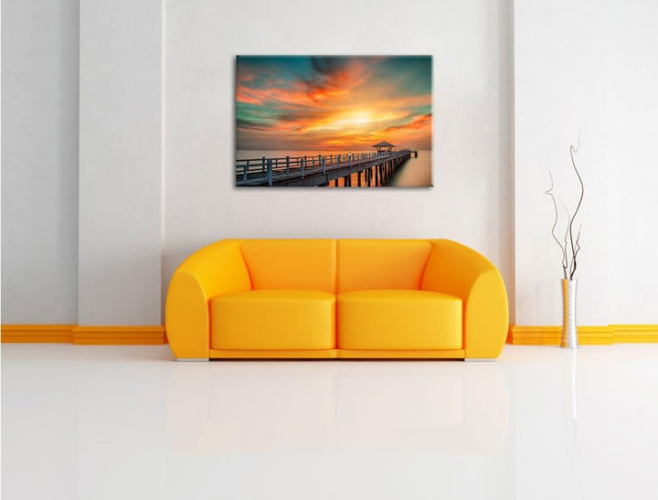 Pixxprint Steg ins Meer bei Sonnenuntergang als Leinwandbild/Grösse: 100x70 cm/Wandbild/Kunstdruck/f