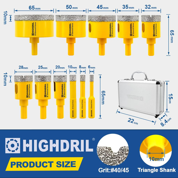 HIGHDRIL Diamant Bohrkrone Set - 6/8/10/20/25/28/32/35/45/50/65MM Diamant-Bohrkrone Lochsäge mit Dre