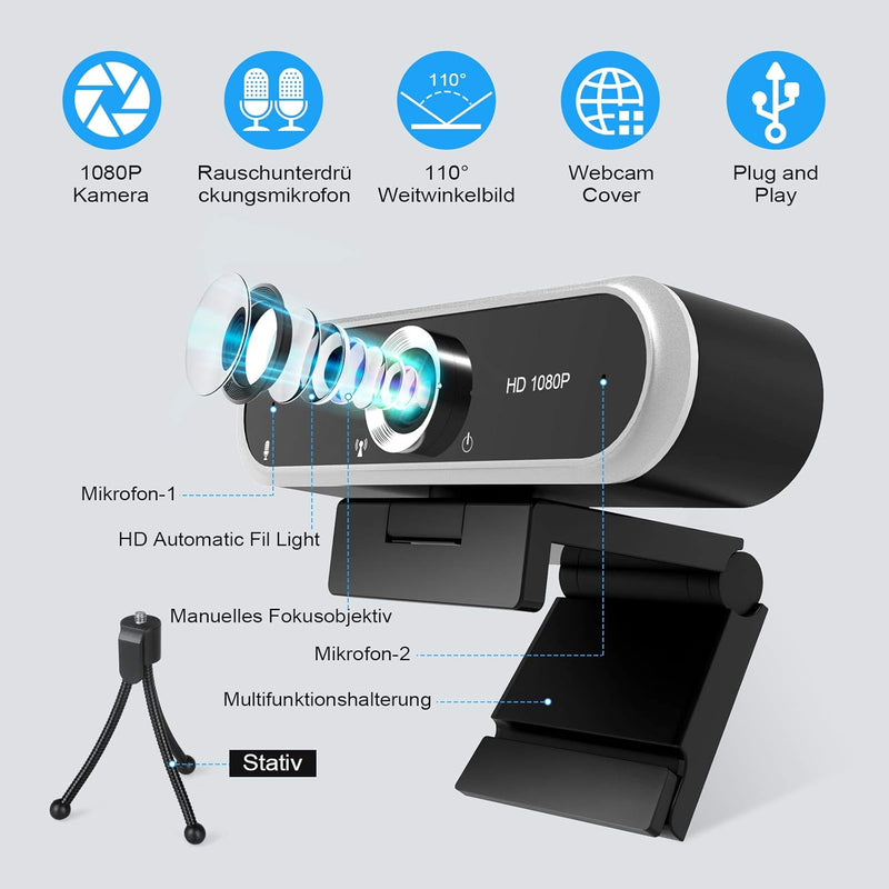 Webcam 1080P mit Mikrofon und Webcam Abdeckung, Stativ, Plug & Play, mit automatischer Lichtkorrektu