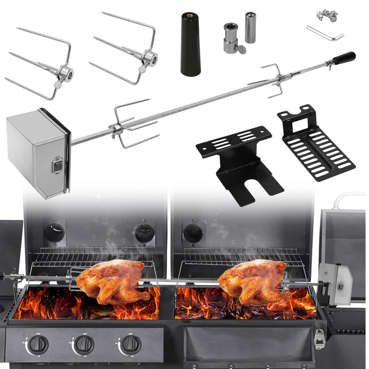 Grillspiess Set, Universal Rotisserie mit 2X Fleischnadeln BBQ Fleischklammer, Griffstück und Edelst