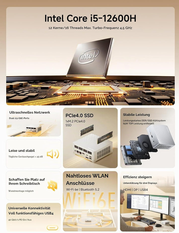 MINIS FORUM M1 Plus Mini-PC, Intel Core i5-12600H (12C/16T, 4,5 GHz), 16 GB DDR5-RAM, 512 GB SSD, Tr