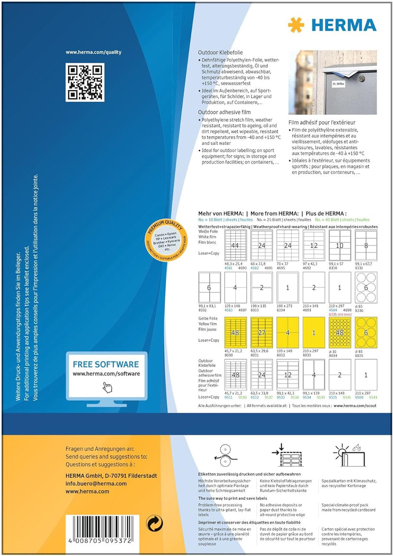 HERMA 9537 Wetterfeste Folienetiketten, 40 Blatt, 63,5 x 33,9 mm, 24 Stück pro A4 Bogen, 960 Aufkleb