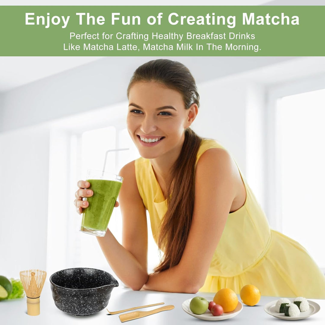 HuiJuKeJi 7 Stück Matcha Tee Set Set mit Besen, Filter, Schale und Löffel (Black), Black