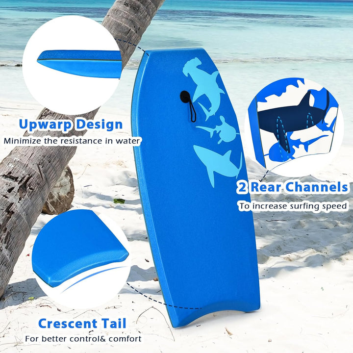 HOMASIS Bodyboard mit Halteleine, Rutschfestes Schwimmbrett aus XPE &amp; HDPE, Surfbrett mit Hai-Aufdru