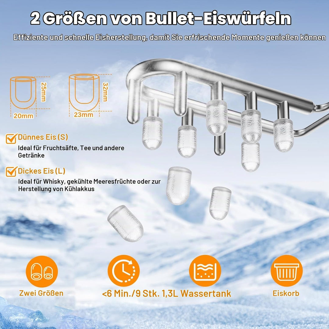 Eiswürfelmaschine mit Selbstreinigung – 9 Würfel in 6 Min, 12 kg/24h, 2 Grössen, tragbar mit Griff,