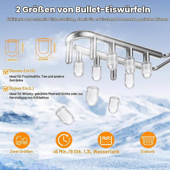 Eiswürfelmaschine mit Selbstreinigung – 9 Würfel in 6 Min, 12 kg/24h, 2 Grössen, tragbar mit Griff,