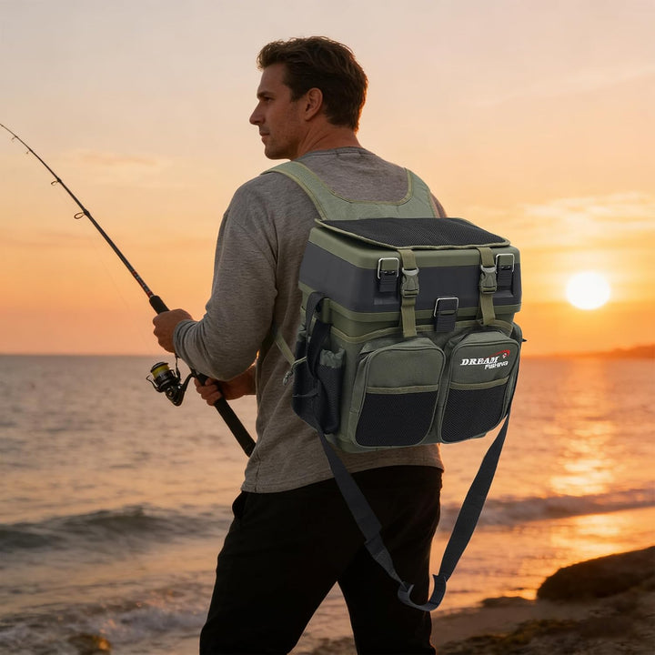 37.5x33.5x20.5cm Angelrucksack Angeltasche Angelbox Angelkoffer (Grün) | Wasserabweisend Aufbewahrun