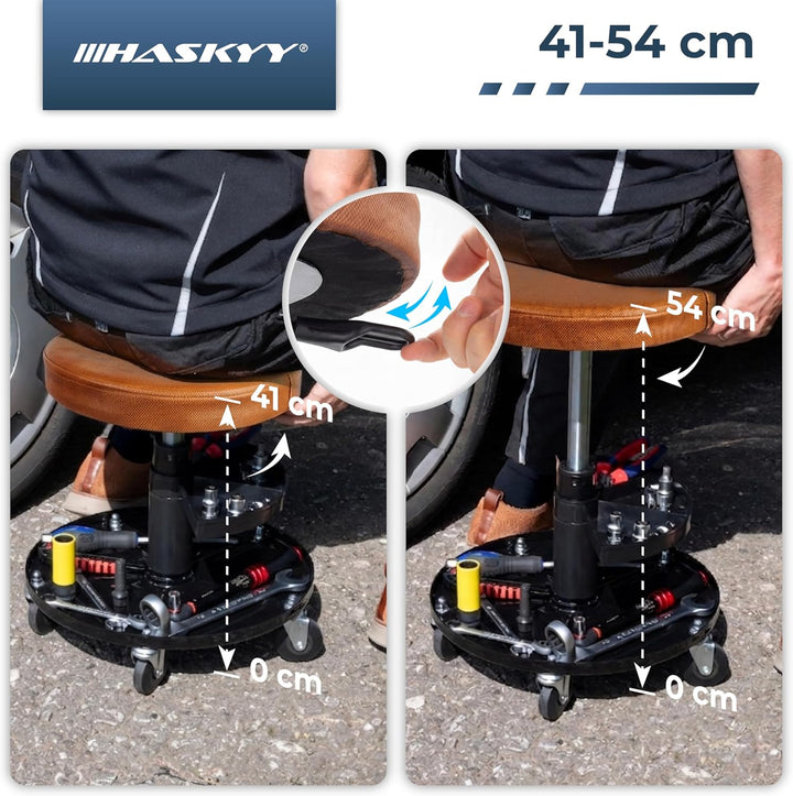 Haskyy Werkstatthocker Rollhocker | Höhe 430-580mm I Sitz Geleinlage | Werkstatt-Arbeits-Hocker-Stuh