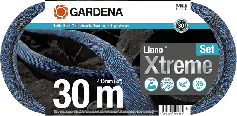 Gardena Liano Xtreme 1/2 Zoll, 30m Set: Extrem robuster Gartenschlauch aus Textilgewebe, mit PVC-Inn