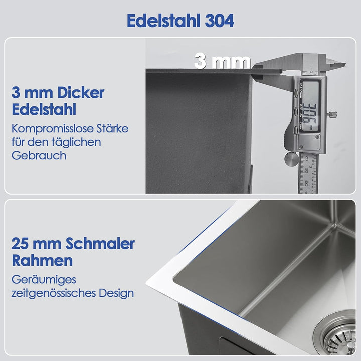 ROVOGO 40 x 55 cm Unterbau Spülbecken Küche, Unterbauspüle aus Edelstahl 304, Küche Spüle mit Siebko