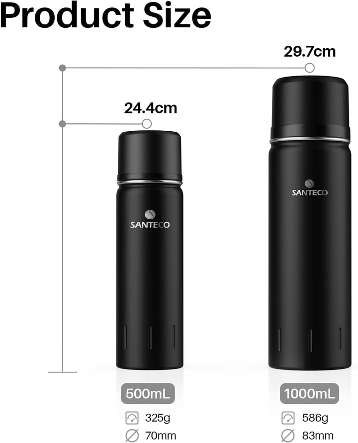 SANTECO Thermosflasche Edelstahl - 500ml, 1l - Thermoskanne mit Trinkbecher für unterwegs, Thermobec