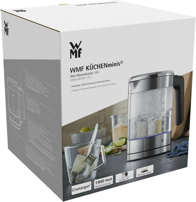 WMF Küchenminis Glas-Wasserkocher 1l, kabelloser Wasserkocher klein, Wasserstandanzeige, Kalk-Wasser