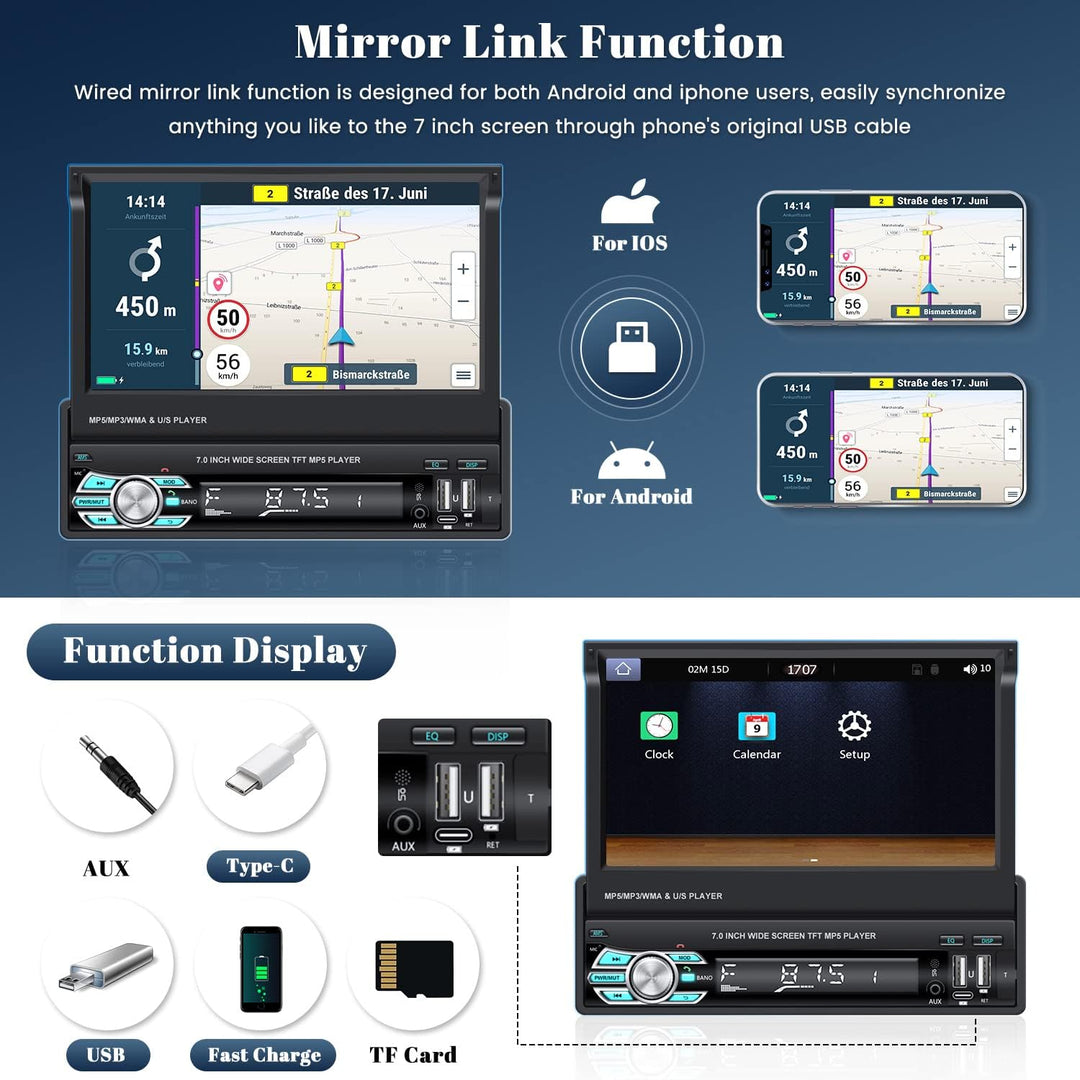 Hikity Autoradio 1 Din mit Wireless Carplay und Android Auto, 7 Zoll Ausfahrbarem Bildschirm Auto Ra