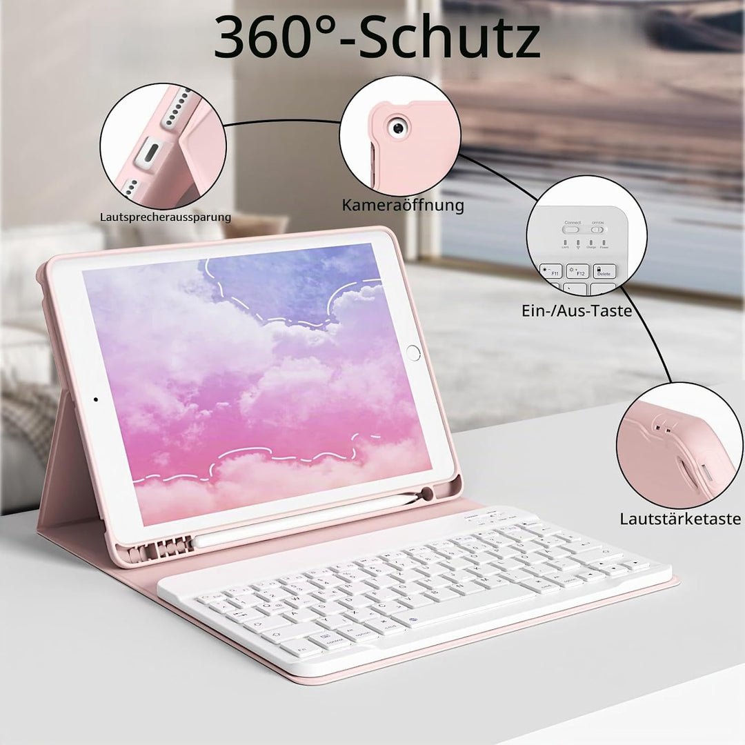 Hülle mit Tastatur für iPad 9./8./7. Generation 10,2 Zoll 2021/2020/2019, Abnehmbare kabellose Keybo