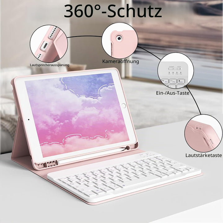 Hülle mit Tastatur für iPad 9./8./7. Generation 10,2 Zoll 2021/2020/2019, Abnehmbare kabellose Keybo
