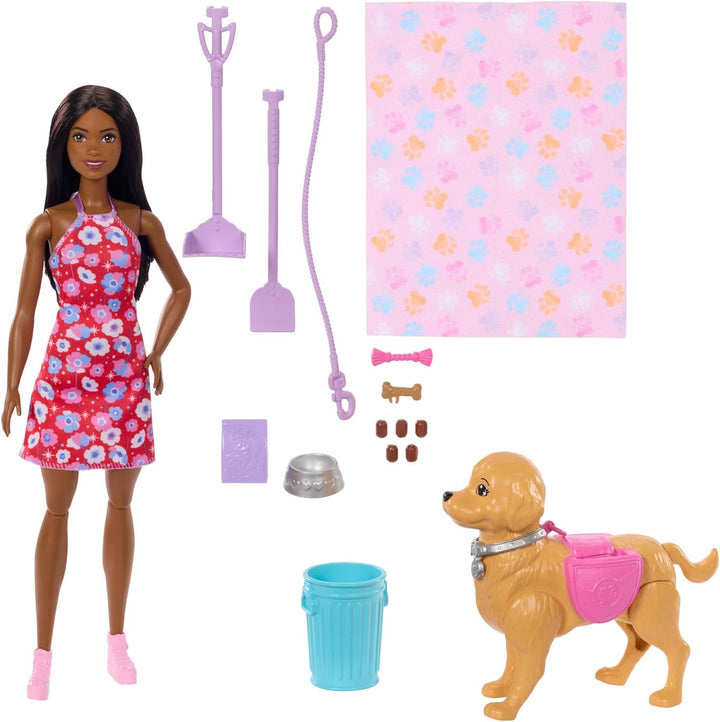 Barbie Hundespaziergang Spielset, enthält einen Spielzeughund, der gehen und Häufchen Brooklyn-Puppe